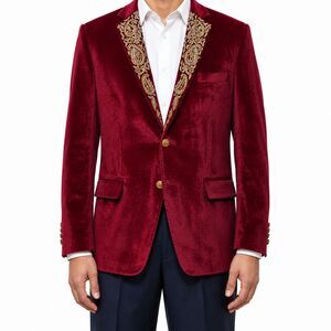 Mens 42R Burgundy Velvet Blazer Hand Embroidered Gold Paisley Tuxedo Suit Jacket